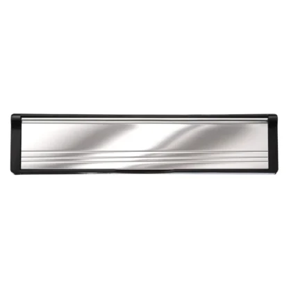 Draft Dodger Uni-T Elite Mail Slot Black PVC Frame Polished Silver Aluminum Flap. Universal, Telescopic Adjustable Passthrough Sleeve with Insulating Energy Efficient Properties. Two Sided Front Facing View