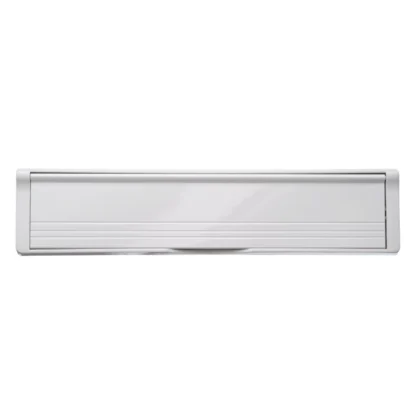 Draft Dodger Uni-T Elite Mail Slot White PVC Frame White Aluminum Flap. Universal, Telescopic Adjustable Passthrough Sleeve with Insulating Energy Efficient Properties. Two Sided Front Facing View