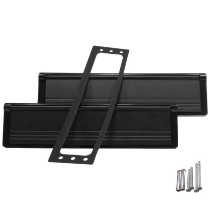 Black universal insulated and secure mail slot. Model: Uni-T Stacked Closed: gasket, anchoring bolts, and installation brushes visible Fits on every standard exterior door or garage door and can expand up to 3 inches for larger doors.