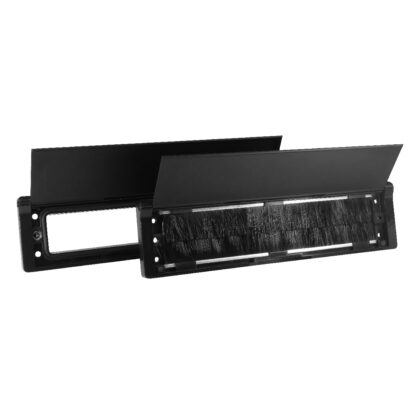 Black universal insulated and secure mail slot. Model: Uni-T Staggered Open: gasket, anchoring holes, and brushes visible. Fits on every standard exterior door or garage door and can expand up to 3 inches for larger doors.