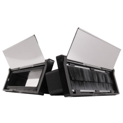 Polished Silver on Black universal insulated and secure mail slot. Model: Uni-T Herringbone view: gasket, passthrough sleeve and brushed visible. Fits on every standard exterior door or garage door and can expand up to 3 inches for larger doors.