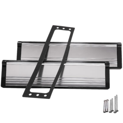 Polished Silver on Black universal insulated and secure mail slot. Model: Uni-T Stacked Closed: gasket, anchoring bolts, and installation brushes visible Fits on every standard exterior door or garage door and can expand up to 3 inches for larger doors.