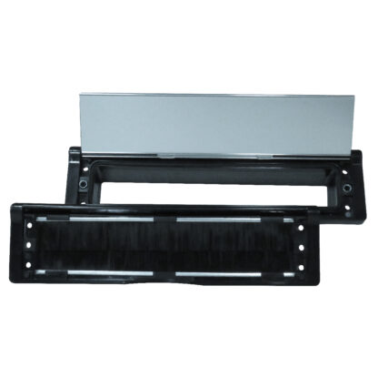 Polished Silver on Black universal insulated and secure mail slot. Model: Uni-T Dual Stack Open: gasket, passthrough sleeve, anchoring hole and brushes visible. Fits on every standard exterior door or garage door and can expand up to 3 inches for larger doors.