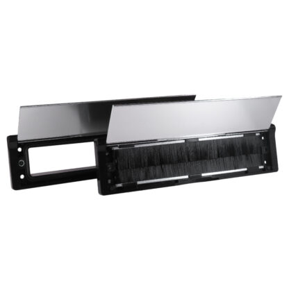 Polished Silver on Black universal insulated and secure mail slot. Model: Uni-T Staggered Open: gasket, anchoring holes, and brushes visible. Fits on every standard exterior door or garage door and can expand up to 3 inches for larger doors.