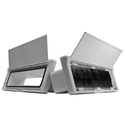 White universal insulated and secure mail slot. Model: Uni-T Herringbone view: gasket, passthrough sleeve and brushed visible. Fits on every standard exterior door or garage door and can expand up to 3 inches for larger doors.
