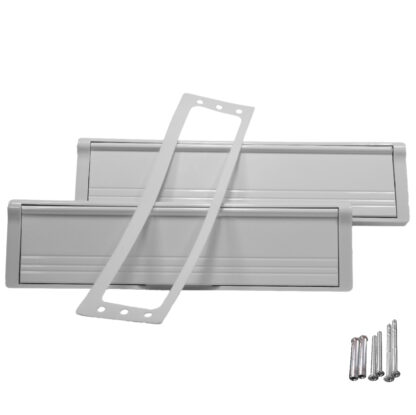 White universal insulated and secure mail slot. Model: Uni-T Stacked Closed: gasket, anchoring bolts, and installation brushes visible Fits on every standard exterior door or garage door and can expand up to 3 inches for larger doors.