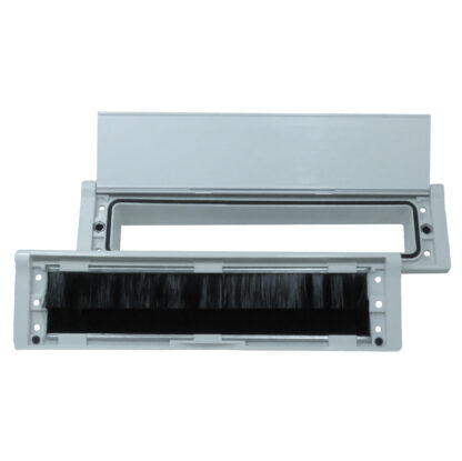 White universal insulated and secure mail slot. Model: Uni-T Dual Stack Open: gasket, passthrough sleeve, anchoring hole and brushes visible. Fits on every standard exterior door or garage door and can expand up to 3 inches for larger doors.