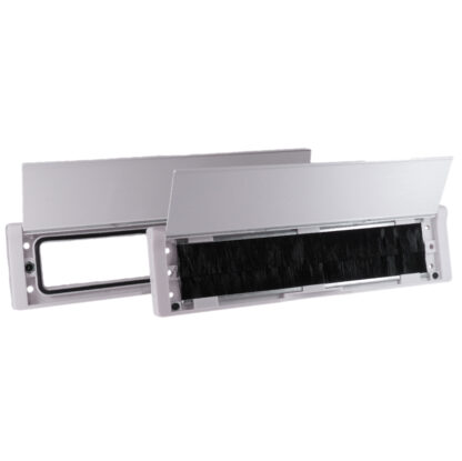White universal insulated and secure mail slot. Model: Uni-T Staggered Open: gasket, anchoring holes, and brushes visible. Fits on every standard exterior door or garage door and can expand up to 3 inches for larger doors.